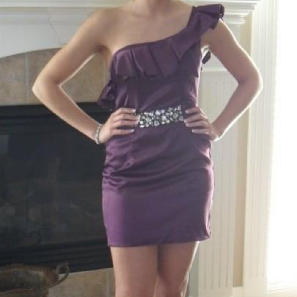5th Culture Royal Purple One Shoulder Formal Dress w/ Ruffles & Sequin Accent